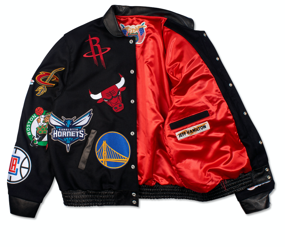 Jeff Hamilton Leather Jacket  NBA Collage Vegan Leather Bomber Jacket
